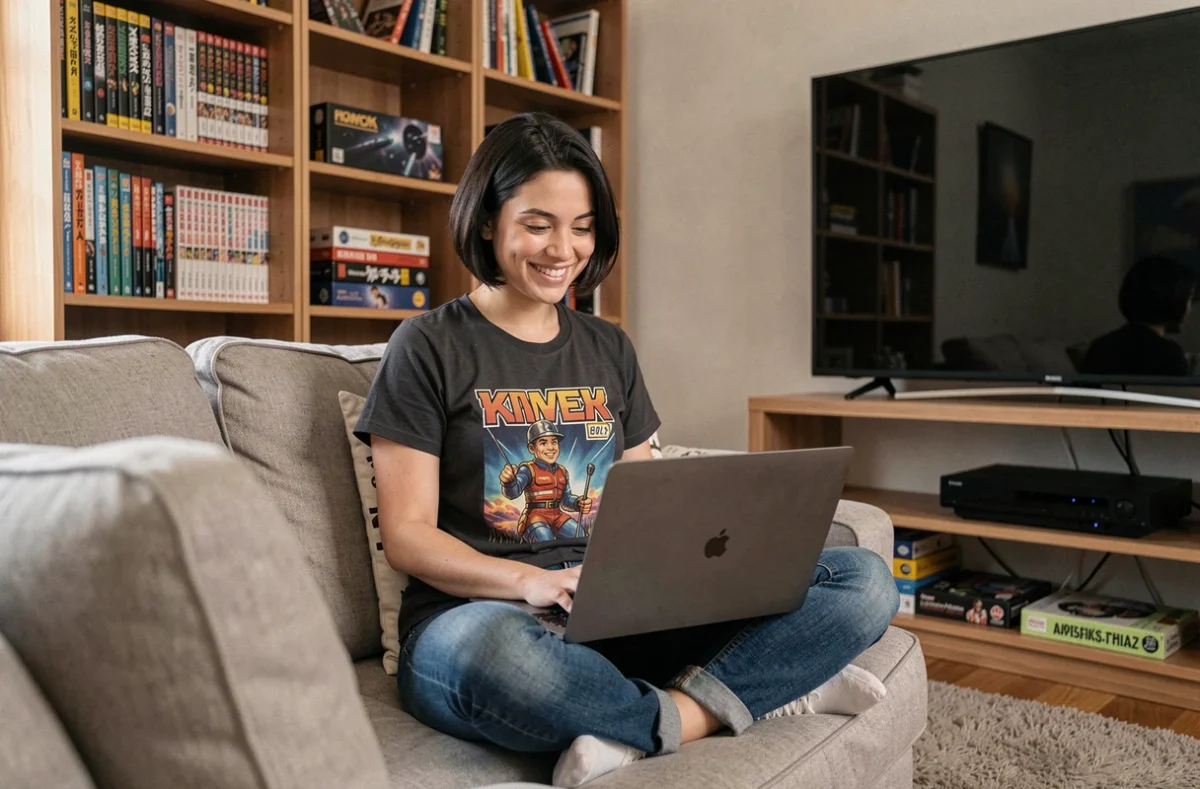 Femme passionnée de culture geek consultant un blog de référence sur son laptop depuis son salon décoré de mangas et jeux vidéo