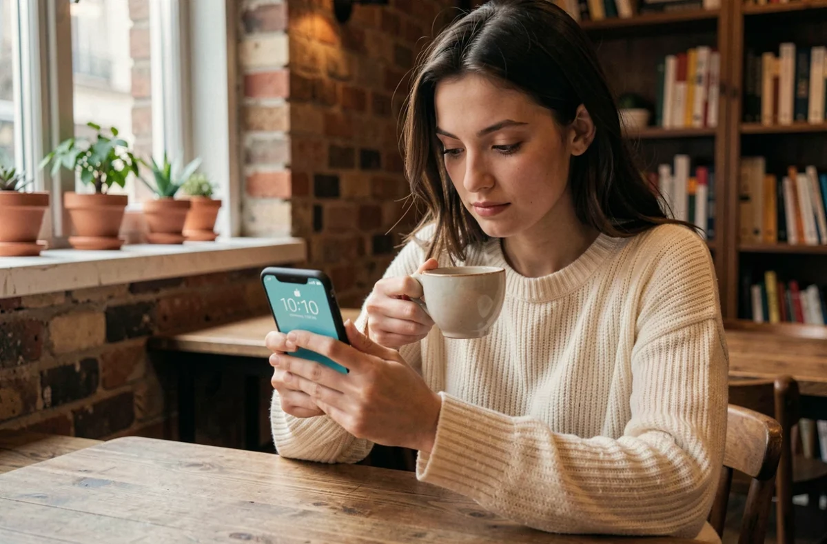 Jeune femme contemplant son téléphone affichant 10h10 dans un café, illustration de la synchronicité et de la signification spirituelle de l'heure miroir