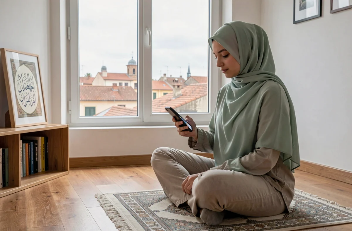 Femme musulmane consultant les horaires de prière sur smartphone dans un appartement avec vue sur les toits de Montauban