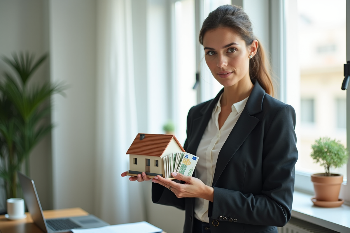 Femme professionnelle tenant maquette de maison et billets euros