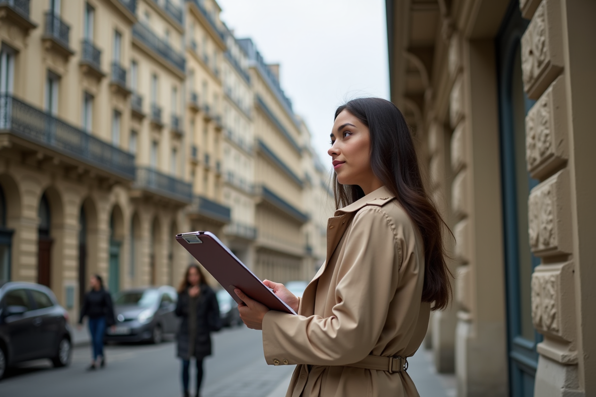 Femme inspecte un bien immobilier dans une rue parisienne