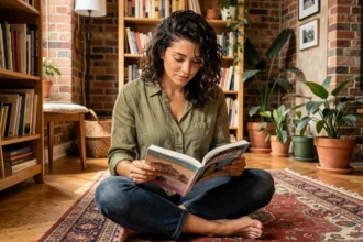 Femme lisant un magazine culturel dans un appartement bohème avec des étagères remplies de livres et une atmosphère cosy et intellectuelle