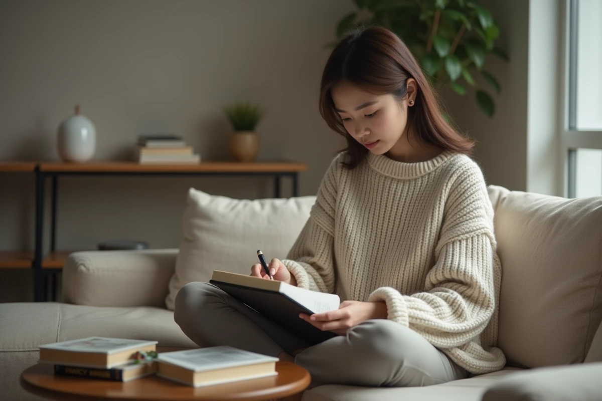 Jeune femme lisant un manga sur tablette numérique dans un salon moderne et minimaliste