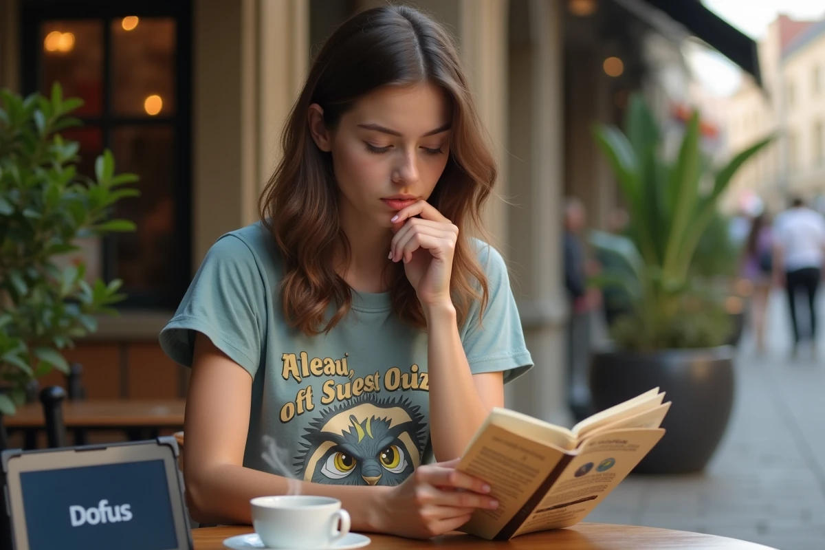 Femme lisant un guide Dofus dans un café en extérieur