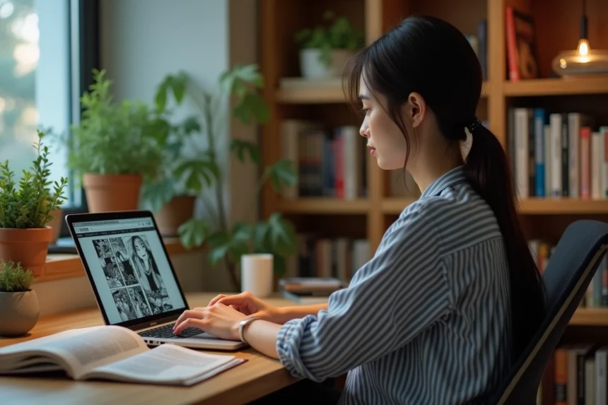 Femme lisant manga sur ordinateur dans un salon moderne