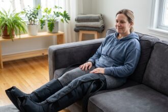 Femme détendue portant des bottes de drainage lymphatique à la maison