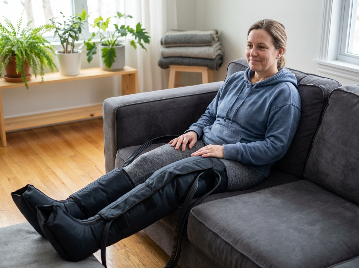 Femme détendue portant des bottes de drainage lymphatique à la maison