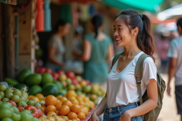 Jeune femme souriante dans un marché asiatique coloré