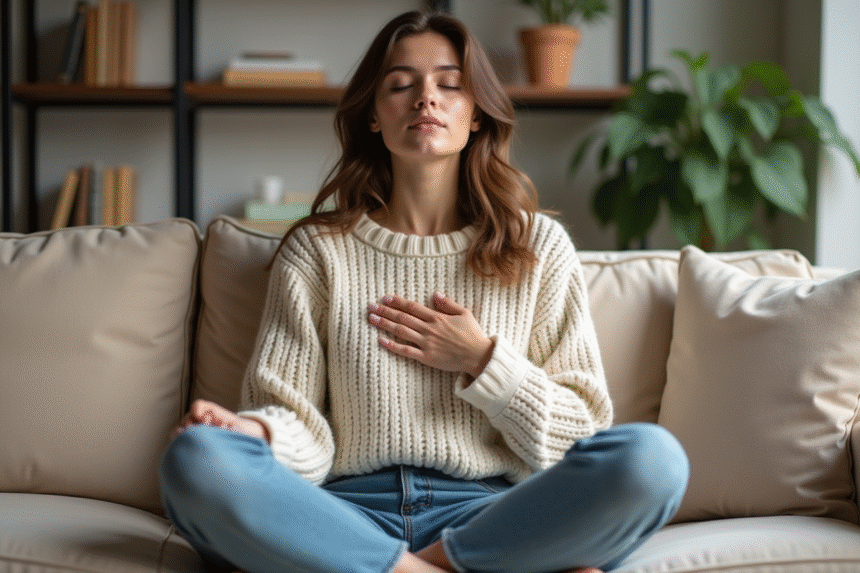 Jeune femme méditant dans un salon cosy et lumineux