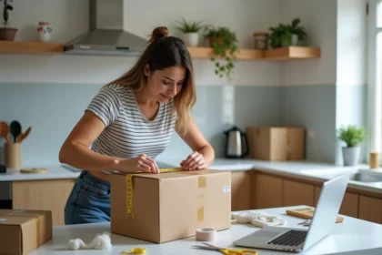 Femme mesurant un colis dans la cuisine moderne