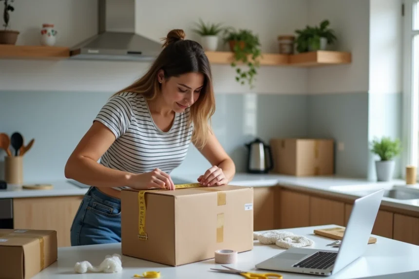 Femme mesurant un colis dans la cuisine moderne