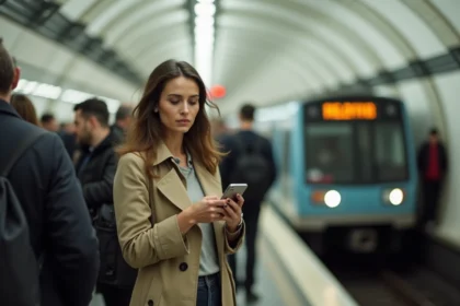 Femme consultant son smartphone sur un quai de métro parisien bondé pendant une perturbation RATP