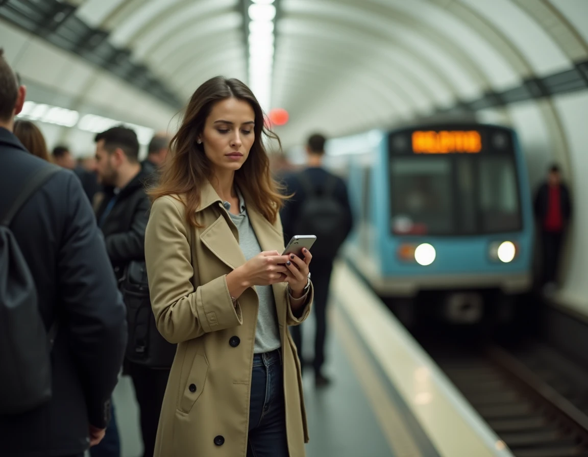 Femme consultant son smartphone sur un quai de métro parisien bondé pendant une perturbation RATP