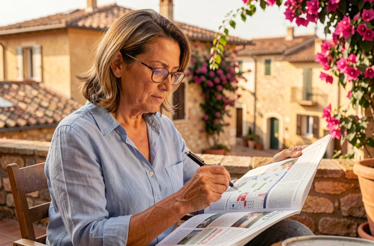 Femme résolvant des mots croisés sur une terrasse de village italien avec vue sur des bâtiments en pierre ocre
