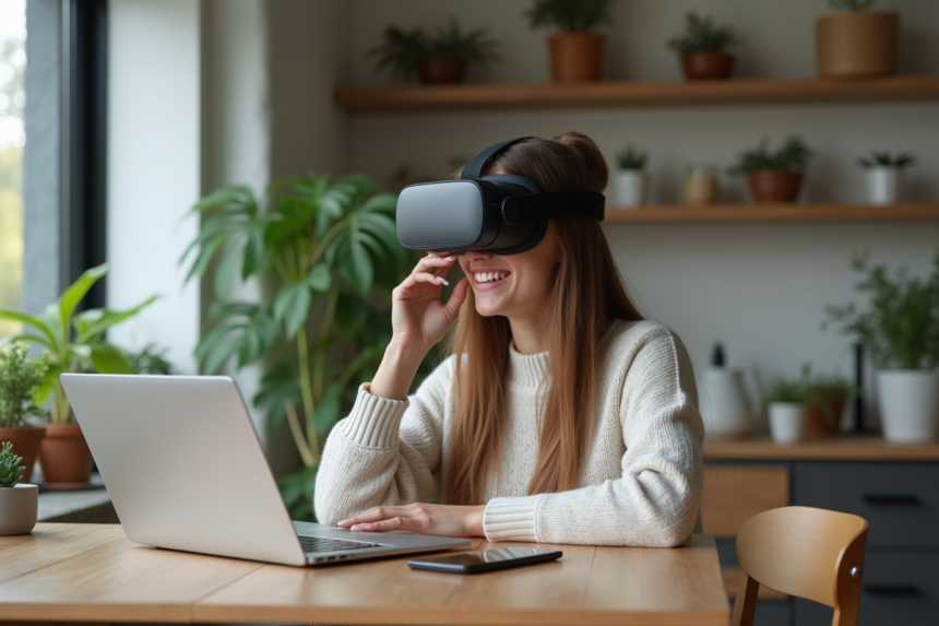 Jeune femme souriante avec appareils numériques dans un appartement moderne