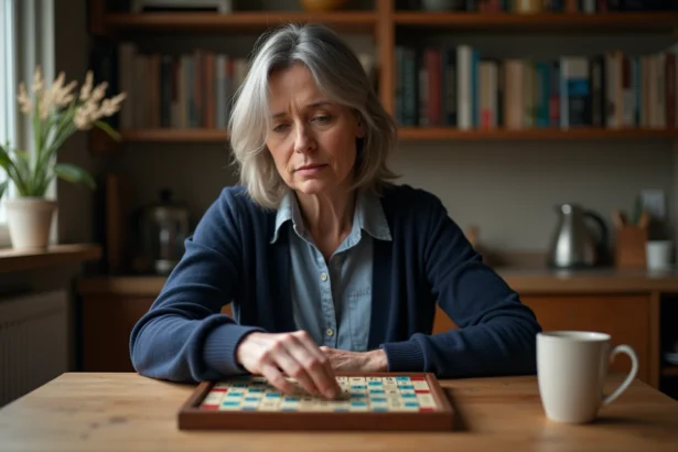 Femme plaçant une lettre sur un plateau de Scrabble lors d'une partie à domicile, illustrant les règles ACE et mots autorisés en 2026