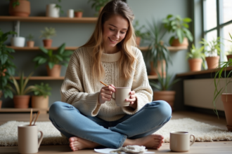 Jeune femme peignant un mug en argile dans un salon créatif