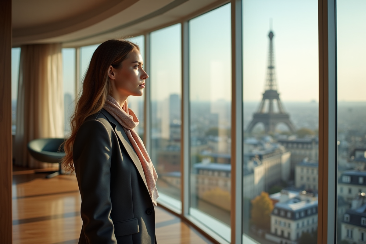 Jeune femme professionnelle dans un penthouse parisien