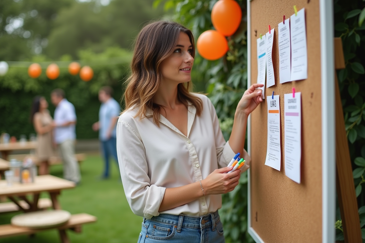 Femme dehors fixant un emploi du temps sur un tableau en jardin