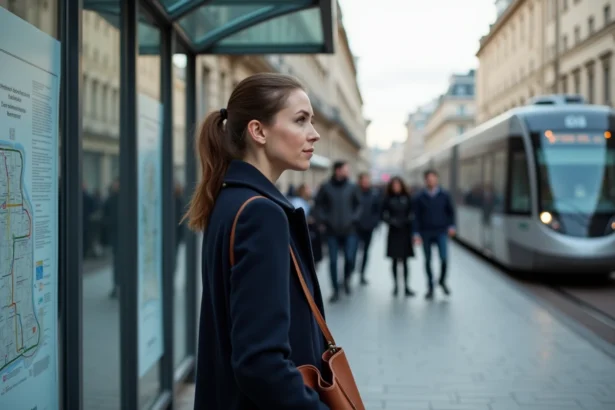Femme consultant le plan du tram de Bordeaux sur un arrêt bondé en heure de pointe