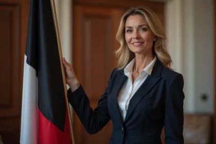 Femme politique en costume navy tenant un drapeau tricolore