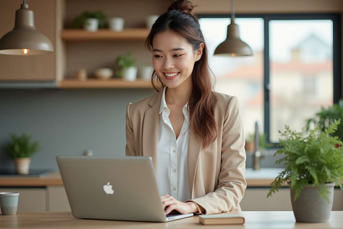 Jeune femme au domicile regardant son ordinateur portable