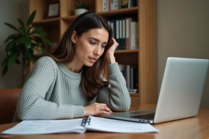 Femme consultant plusieurs annuaires téléphoniques en ligne et sur papier pour identifier un numéro inconnu