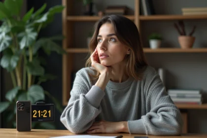 Femme contemplative regardant une horloge digitale 21h21