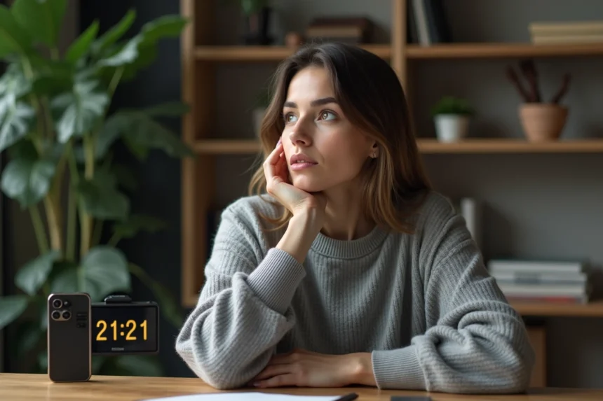 Femme contemplative regardant une horloge digitale 21h21