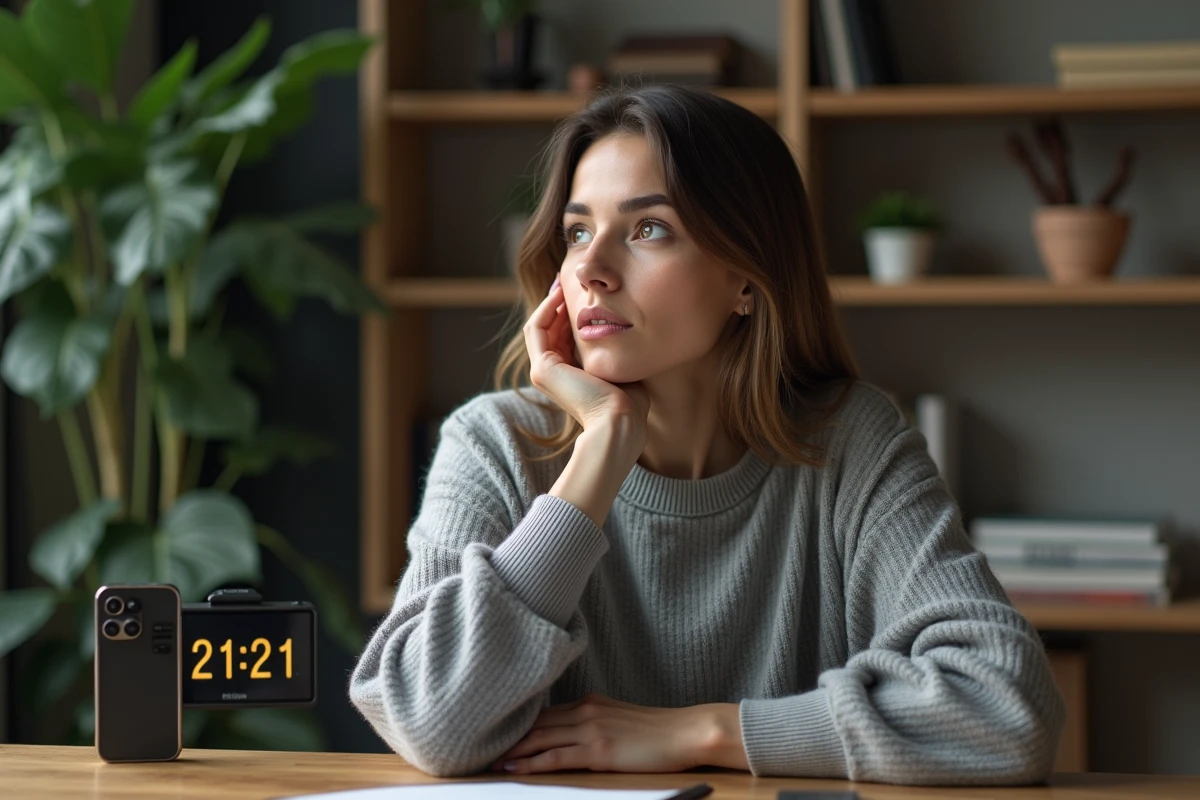 Femme contemplative regardant une horloge digitale 21h21