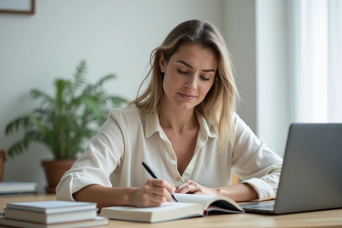 Femme pensive écrivant dans un carnet à son bureau, symbolisant la réflexion sur les frontières de l'humour noir et de l'humour trash