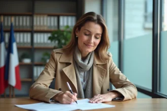 Femme d'âge moyen remplissant un formulaire à la mairie