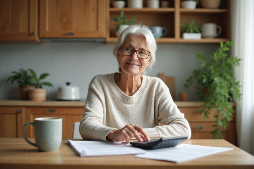 Femme d'âge moyen souriante à la retraite dans sa cuisine