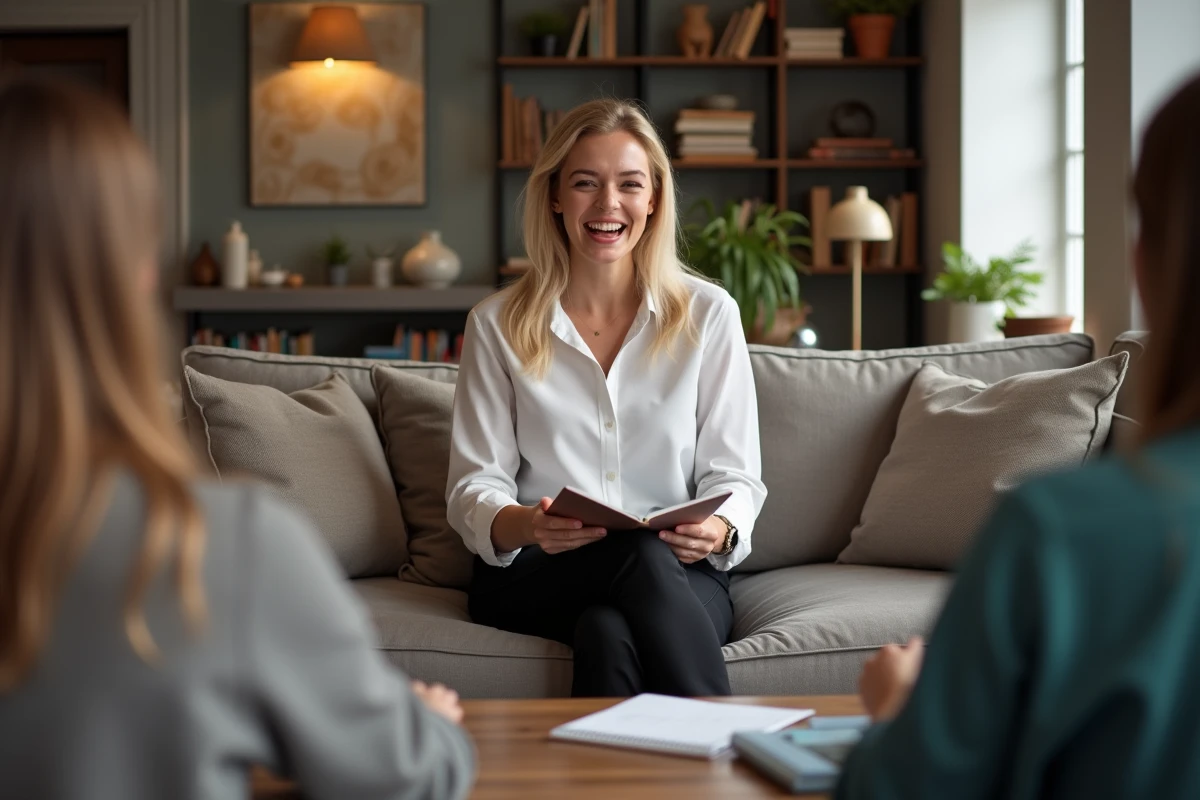 Jeune femme blonde riant dans un salon avec amis