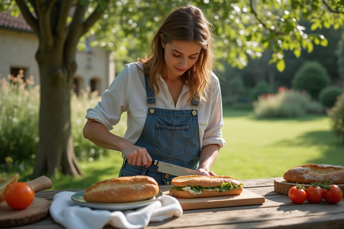 Jeune femme prépare un sandwich dans un jardin en plein air