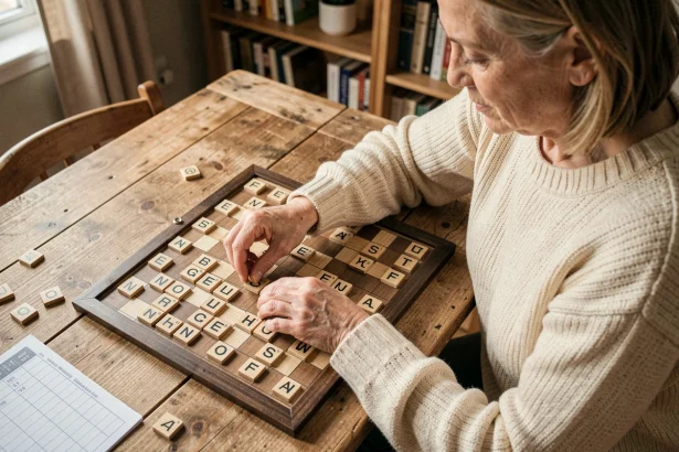 Femme plaçant des lettres sur un plateau de Scrabble pour former un mot court stratégique