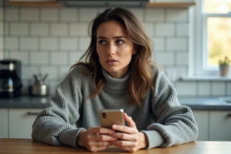 Femme tenant un smartphone affichant un appel entrant d'un numéro inconnu signalé comme spam