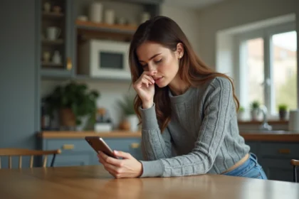 Jeune femme vérifiant son smartphone dans la cuisine