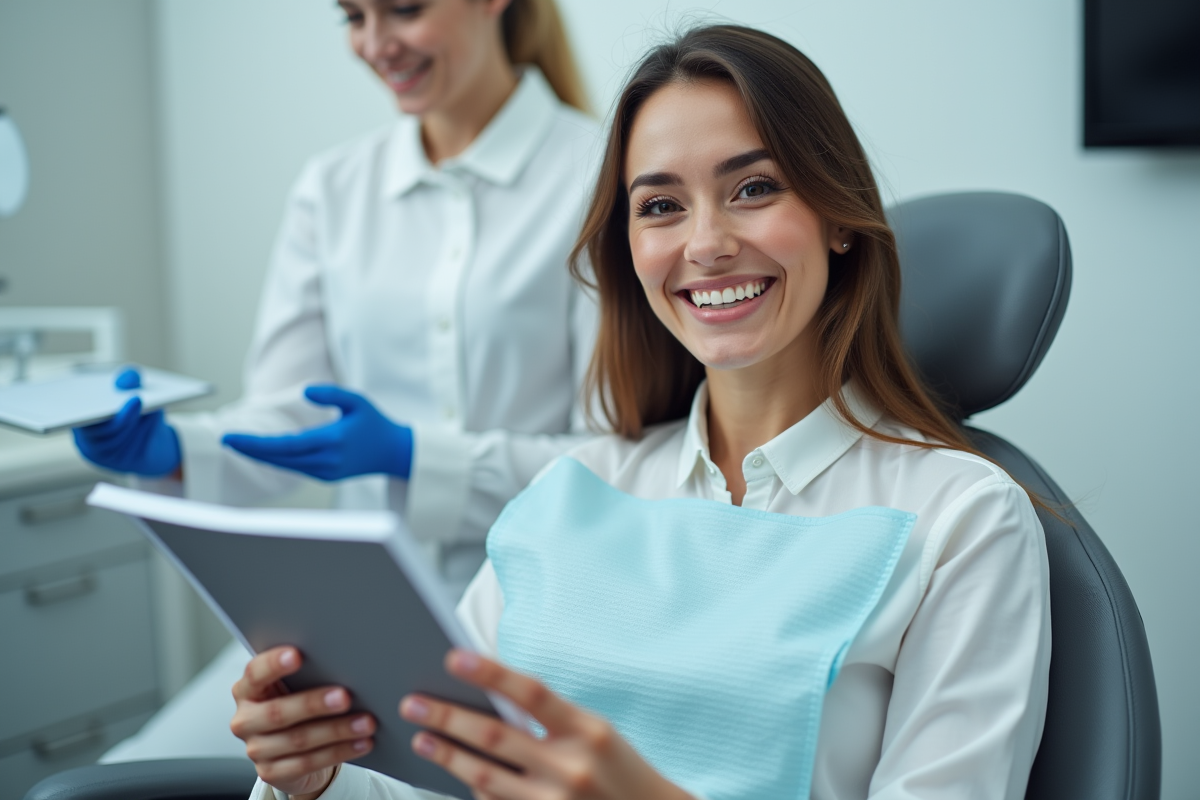 Femme souriante chez le dentiste avec devis dentaire