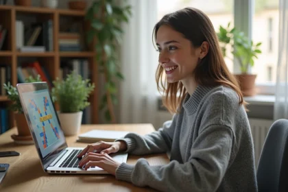 Femme souriante en sweater gris jouant au Scrabble à la maison