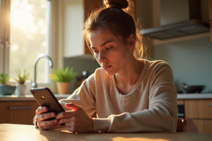 Jeune femme stressée utilisant son smartphone le matin