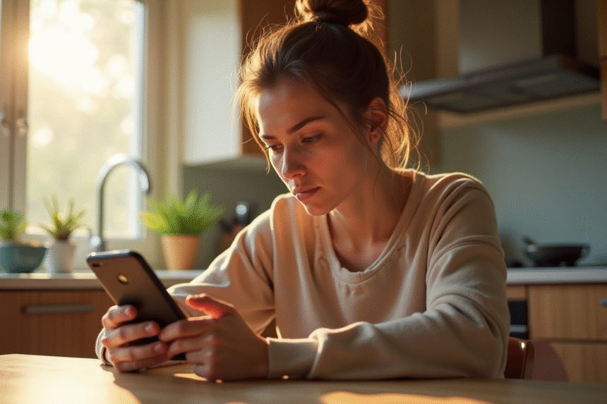 Jeune femme stressée utilisant son smartphone le matin