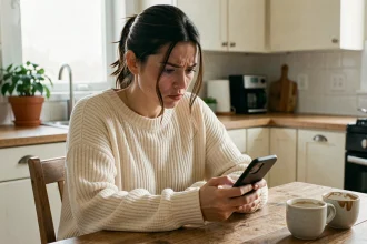 Femme songeuse regardant son téléphone avec inquiétude, cherchant des signes d'amour dans ses messages