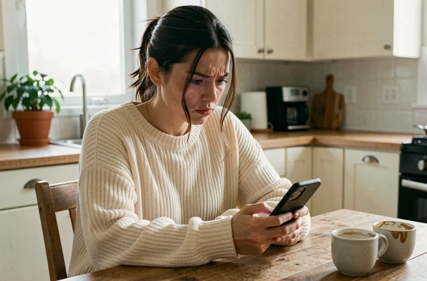 Femme songeuse regardant son téléphone avec inquiétude, cherchant des signes d'amour dans ses messages
