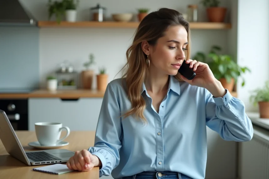 Femme au téléphone dans une cuisine lumineuse
