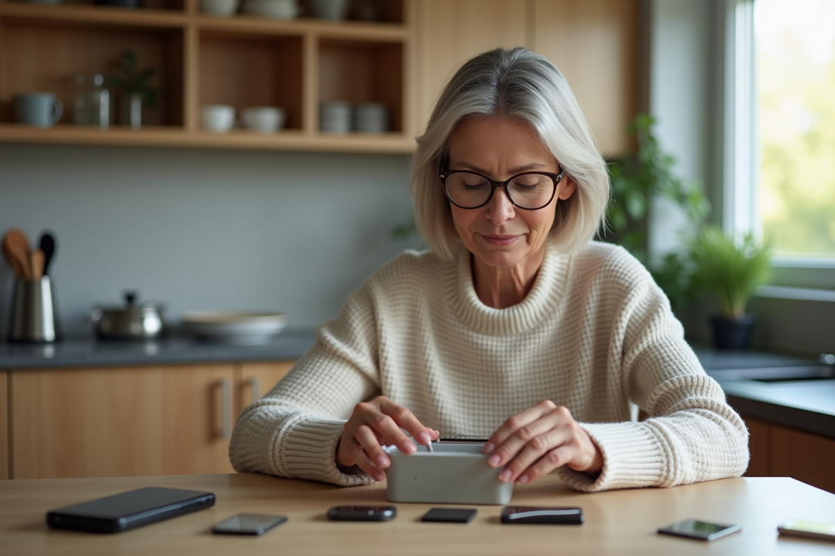 Femme triant batteries et appareils électroniques à la maison