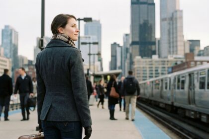 Jeune femme en ville attend le train avec valise