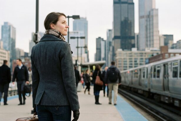 Jeune femme en ville attend le train avec valise
