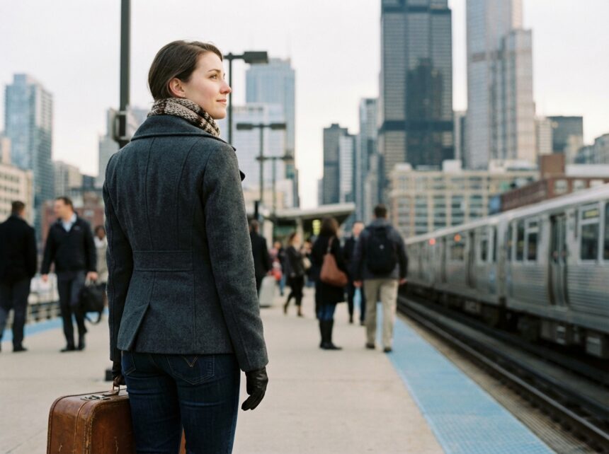 Jeune femme en ville attend le train avec valise