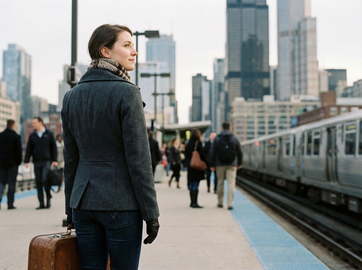 Jeune femme en ville attend le train avec valise